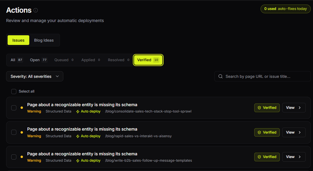 An action's detail view, applied, verified, reversible.
